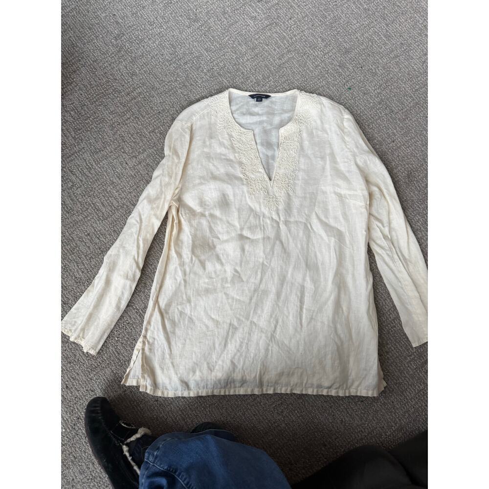 Land’s End cream linen beaded b neck blouse L